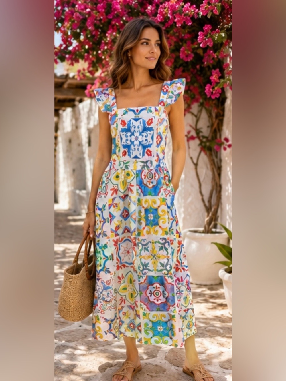 Prosperina Tile-Print Midi Dress in White Multi Size M